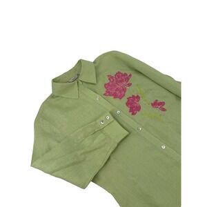 Edward Women's Linen Blouse S Green Embroidered Floral Button Front Spring